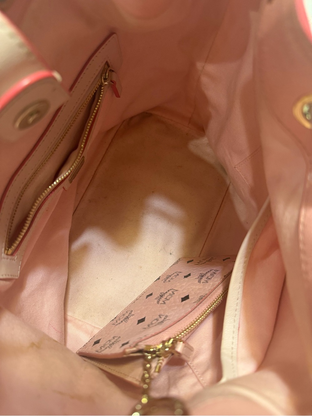 MCM Light Pink Embossed Drawstring Shoulder Bucket Bag - Picture 11 of 11